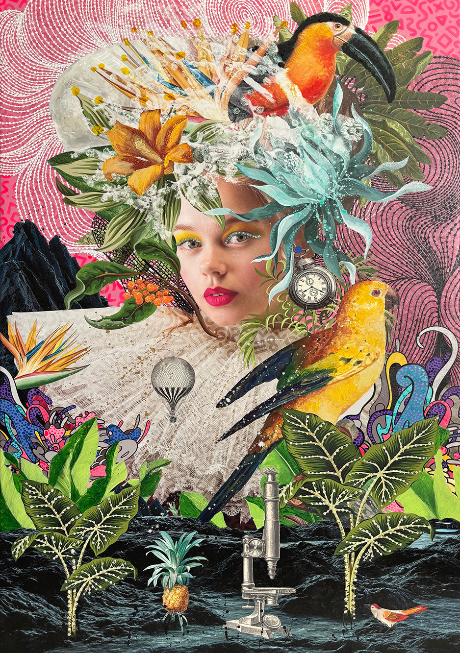 A canvas print featuring a highly stylized and colorful collage of floral elements and a figure with a bird-like mask in a vibrant, surreal composition.